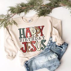 Celebrate the birth of our Savior with this adorable "Happy Birthday Jesus" DTF transfer! Perfect for customizing t-shirts, tote bags, or any other fabric project. #lovietdesigns #Faith #DIY #Christmas #Jesus #DTFtransfer #CustomGifts Jesus Sweater, Christmas Tee Shirts, Happy Birthday Jesus, Cozy Winter Outfits, Christmas Jesus, Customise T Shirt, Jesus Shirts, Holiday Sweater, Fabric Projects