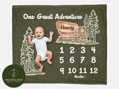 a baby laying on top of a sign with the words, one great adventure henry williams