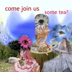 two women sitting at a table with flowers in their hands and the words, come join us some tea?