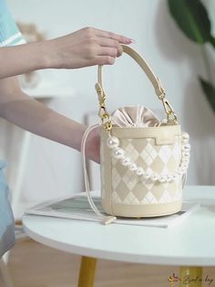 Bird in Bag - Popular rhombus spell color women's bag drawstring bucket bag new single shoulder crossbody bag pearl chain handbag Large Capacity Bucket Bag As A Gift, Chic Bucket Bag With Pearl Handle, Cream Bucket Bag With Pearl Handle, Daily Use Bucket Shoulder Bag With Pearl Handle, Bucket Bag With Pearl Handle, Luxury Bucket Bag With Pearl Handle, Everyday Bucket Shoulder Bag With Pearl Handle, Everyday Use Bucket Shoulder Bag With Pearl Handle, Cream Bucket Shoulder Bag With Pearl Handle