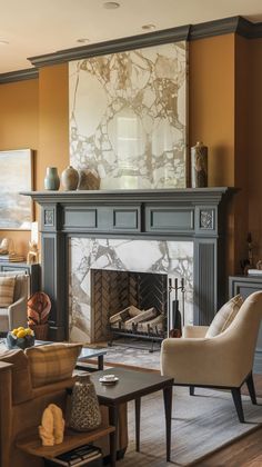 a living room filled with furniture and a fire place under a painting on the wall