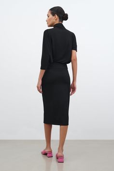 Black Minimalist Midi Skirt - Vesey Pencil Skirt | Marcella Chic Office Dress With Relaxed Skirt, Modern Asymmetrical Pencil Skirt For Workwear, Modern Asymmetrical Pencil Skirt For Work, Classic Midi-length Evening Bottoms, Classic Midi Length Evening Bottoms, Sleek Fitted Evening Pencil Skirt, Sleek Evening Midi Pencil Skirt, Elegant High Waist Elastane Pencil Skirt, Elegant High-waist Elastane Pencil Skirt