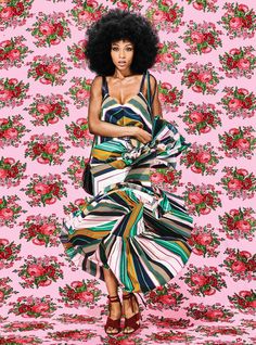 Maximalism for Spring 2016. Yaya DaCosta - Salvatore Ferragamo dress. Coach 1941 bag. Gianvito Rossi shoes. African Photoshoot, Photography Women, Photoshoot Inspiration