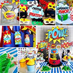 this is a collage of photos with superhero themed food and decorations on it's table