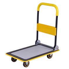 a yellow and black hand truck with two wheels on the front, one is empty