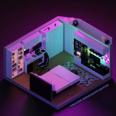 a computer desk sitting in the middle of a room with purple lighting on top of it