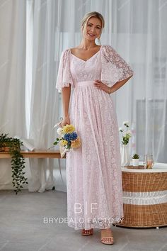 Heavenly Pink Lace Flutter Sleeves Elegant Long Bridesmaid Dress Elegant Long Dress, Bridesmaids Dress Inspiration, Long Bridesmaid Dress, Elegant Dresses Long, Flutter Sleeves, Pink Lace, Flutter Sleeve, Wedding Outfit, Bridesmaid Dress