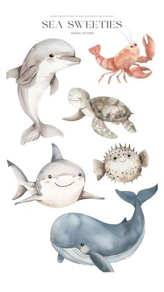 Sea Animal Illustration, Watercolor Sea Animals, Cute Ocean Animals, Underwater Illustration, Underwater Animals, Baby Art, Animal Clipart, Ocean Animals, Animal Nursery