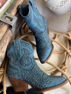 On My Own Denim Booties | gussieduponline Boots For Wedding Brides, Cowgirl Clothes Western, Wedding Ankle Boots, 2023 Cowboy Boots, Women's Western Fashion, Turquoise Cowboy Boots, Womens Western Fashion, Turquoise Furniture, Blue Cowboy Boots