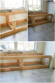 three pictures of the same bench in different stages of construction