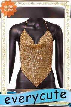 Gold Sequined Metal Chains Halter Camisoles Elegant Camisole Tank Top For Club, Elegant Gold Sleeveless Camisole, Elegant Gold Halter Top For Summer, Glamorous Gold Halter Top For Summer, Elegant Party Halter Tank Top, Elegant Fitted Gold Halter Top, Chic Gold Camisole Tank Top, Chic Gold Spaghetti Strap Tank Top, Gold Sleeveless Top For Club