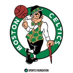 the boston celtic basketball logo with a man holding a basketball in one hand and a hat on