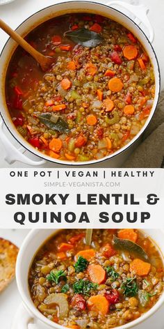 two bowls of soup with carrots, lentils and quinoa bread on the side