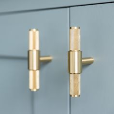 two brass handles on the doors of a blue cabinet