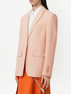 Find BURBERRY Tailored Single-breasted Blazer on Editorialist. rose pink wool tailored cut front button fastening notched lapels chest welt pocket two side flap pockets long sleeves buttoned cuffs Burberry Pink, Breasted Blazer, Oversized Blazer, Oversized Silhouette, Curator Style, Rose Pink, Over The Knee Boots, Harrods, Welt Pocket