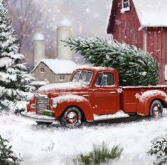 an old red truck carrying a christmas tree