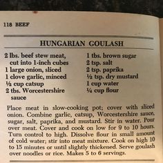 an open book with instructions on how to cook hungarian goulash