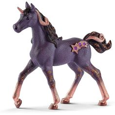 a purple toy horse with pink manes and stars on it's back legs