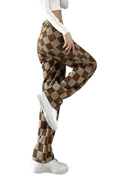 Brown Checkered Wide Jeans for Women Indie Aesthetic Trendy Brown Cotton Pants, Trendy Brown Bottoms For Fall, Trendy Brown Fall Bottoms, Gingham Cotton Pants For Fall, Cotton Gingham Pants For Fall, Trendy Brown Bottoms, Fall Gingham Cotton Pants, Trendy Brown Jeans For Streetwear, Brown Relaxed Fit Trendy Jeans