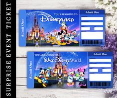 two disney world boarding cards with mickey mouse and other characters on them, sitting next to each other