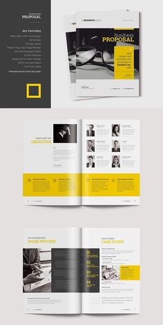 a brochure is shown with yellow and black accents on the front, back and sides