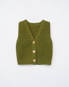 a green knitted vest with buttons on the front and back, against a white background