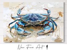 a painting of a blue crab on a white background with the words new fine art written below it