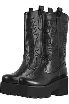 Richealnana Womens Platform Mid Calf Round-Toe Boots for Women Zipper Up Pull On Tabs Embroidered Chunky Heels, Knee High Cowboy Boots, Knee High Platform Boots, Gothic Boots, Womens Cowgirl Boots, Black Cowboy Boots, Cowgirl Cowboy, Embroidered Boots, Boots Platform