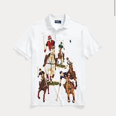 Polo Ralph Lauren Shirt Five Horseman Mens Large Nwt Limited Edition White Fitted Polo Shirt With Spread Collar, White Shirt With Graphic Print And Spread Collar, Classic Collared Top With Graphic Print, Classic Polo Collar Top With Graphic Print, Classic White Shirt With Graphic Print, Classic Fitted Polo Shirt With Graphic Print, White Graphic Print Collared Shirt, White Collared Shirt With Graphic Print, Blue Shorts Men