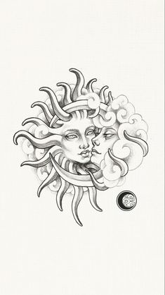 a drawing of a sun and moon with clouds in the shape of a woman's face