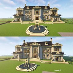 two views of the front and back of a large house in minecraft with lots of windows