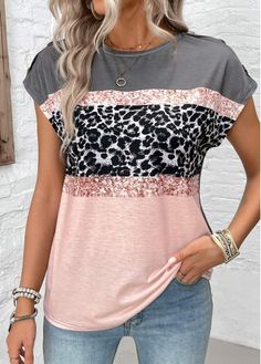 Color:Pink;Size:S;Size:M;Size:L;Size:XL;Size:XXL;Package Contents:1 X T Shirt;Occasion:Other;Style:Bohemian; Leopard Shorts, Contrast Top, Spring Tops, T Shirt Top, Insta Fashion, Leopard Print, Round Neck, Womens Shirts, Stitching