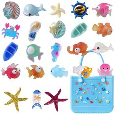 an assortment of sea animals and seashells are shown in this image on a white background