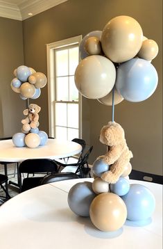 Dusty blue colored balloons baby boy nursery color, shower decorations Babyboy Baby Shower Decorations, Baby Shower Baloon Idea, Baby Boy Balloons Decoration, Brown And Blue Teddy Bear Baby Shower Theme, Bear And Balloons Decoration, Teddy Bear Centerpieces With Balloons, Babyshower Ideas Baby Boy, Babyshower Teddy Bear Boy, Bear With Balloons Centerpiece