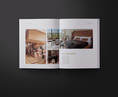 an open book with pictures of furniture and interior decor on the cover is shown in black