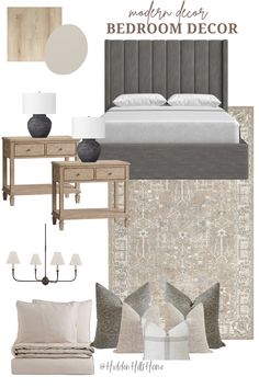 Modern classic bedroom mood board with dark gray upholstered bed and neutral complimentary tones throughout Grey Bed White Furniture, Natural And Grey Bedroom, Neutral Bedroom Grey Headboard, Beige Bedroom Grey Bed, Grey Bed Bedding, Grey Bed With Beige Bedding, Grey Bed With Wood Furniture, Grey Headboard Bedroom Modern, Gray Bed Frame Bedding