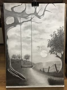 a drawing of a swing set in the middle of a field with trees on it