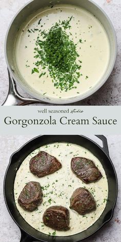 two pictures showing different types of food in a skillet and on the same pan