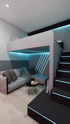 a living room filled with furniture next to a stair case covered in blue light strips