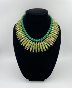 "PLEASE NOTE: The color may be slightly different from the pictures on different devices. This beautiful Green Yellow Jasper and Malachite Statement Necklace is completely handmade with high quality. Matching earrings are available. This gorgeous Jasper Statement Necklace goes with everything and everywhere, holiday party or after work with friends. Necklace made from green malachite round beads 10 mm, and green yellow graduated jasper 18~46 x 4~8 x 6~9 mm. The Necklace length is 16.5\" short la Green Beaded Necklace With Natural Stones, Green Malachite Beaded Necklaces With Natural Stones, Green Malachite Gemstone Bead Necklaces, Green Malachite Beaded Necklace With Natural Stones, Handmade Green Malachite Necklaces, Handmade Green Malachite Beaded Necklace, Green Jade Beaded Necklaces, Green Malachite Gemstone Beads Necklace, Green Malachite Handmade Necklace