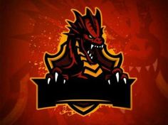 a red and black dragon logo on a red background