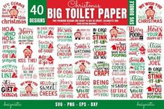 the christmas toilet paper is shown in red, green and white with words on it