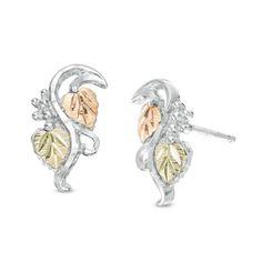 Perfect for any occasion, these sweet stud earrings from Black Hills Gold are a jewelry box must-have. Created in sterling silver, each fanciful earring showcases a sculpted vine glistening with a grape cluster and one each of a 12K green and rose gold leaf. Polished to a bright shine, these post earrings secure comfortably with friction backs. Black Hills Gold jewelry is manufactured in the Black Hills of South Dakota and keeps the traditional style from the 1870's of grape leaves, grape cluste Rose Gold Leaf, Black Hills Gold Jewelry, Black Hills Gold, Black Hills, Grape Leaves, Sterling Silver Earrings Studs, South Dakota, Earring Backs, Designer Earrings