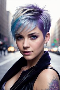 Short Hair Colour Ideas 2024, Blue Undercut Hair, Pixie Undercut Hair, Pastel Pixie Hair, Punk Pixie Cut, Pixie Hair Cuts, Purple Pixie Cut, Short Rainbow Hair, Blue Hair Color Ideas