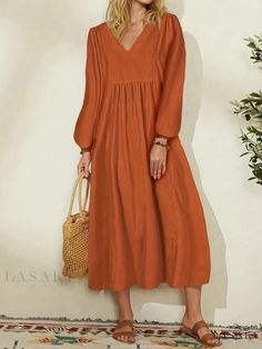 Lasaky - Versatile Plus Size Casual Dress for Women - Long Sleeve V Neck Dress with Solid Color and Slight Stretch Balloon Sleeve Dress, Mode Boho, Lantern Sleeve Dress, Womens Fall Dress, Dress Sleeve Styles, Puff Long Sleeves, Retro Mode, Long Dress Casual, Comfortable Room