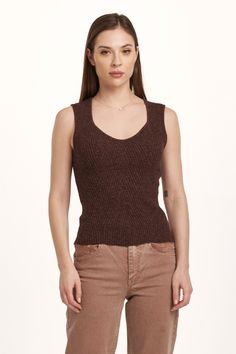 image of a female model wearing a NEOMI DECOLLETE NECK TANK GROUND COFFEE RIB DEAR JOHN DENIM Fitted Sleeveless Brown Knit Top, Brown Ribbed Sleeveless Top, Sleeveless Ribbed Brown Top, Fitted Brown V-neck Tank Top, Stretch V-neck Brown Tank Top, Brown Ribbed Sleeveless Tank Top, Brown Sleeveless Top For Everyday, Brown Scoop Neck Casual Tank Top, Fitted Brown Tank Top For Everyday