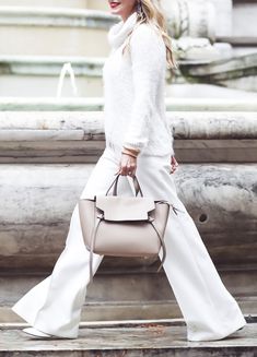 Currently Trending: Winter White - Sparkles and Shoes Target Mules, Erin Busbee, Belt Bag Fashion, Celine Belt, Edgy Classic, White Wide Leg Trousers