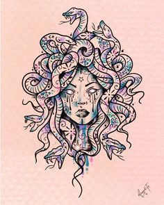 a drawing of a woman's face with snakes on her head and an ornate design