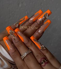 Orange Press On Nails, Neon Powder Nails Designs, Neon Orange Nail Designs, Long Orange Nails, Leo Inspired Nails, Crocodile Nails, Camouflage Nails, Neon Orange Nails, Orange Acrylic Nails