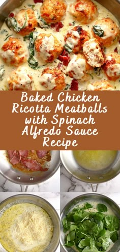 baked chicken, ricotta meatballs with spinach and alfredo sauce in a pan